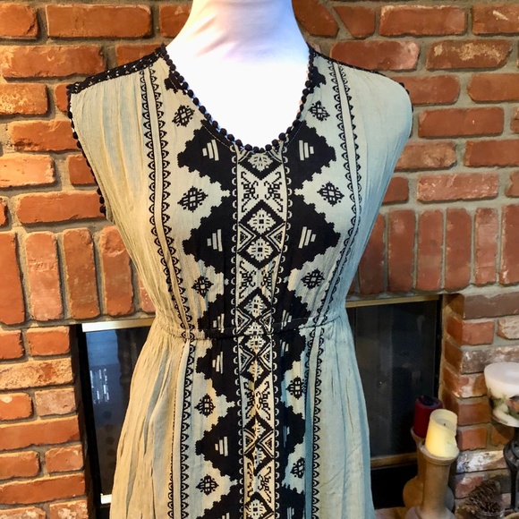 Vintage BoHo HIPPIE CHIC S Moss Green Black Maxi Empire Waist Long Dress - Picture 8 of 12